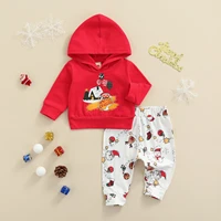 babies christmas two piece clothes set red hooded pullover and white printed pattern trousers baby kids spring autumn sets