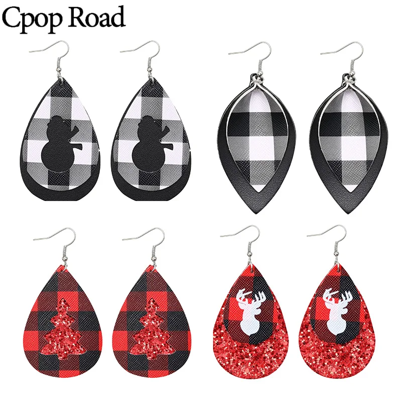 Двухслойные женские серьги из искусственной кожи красные черные с узором в