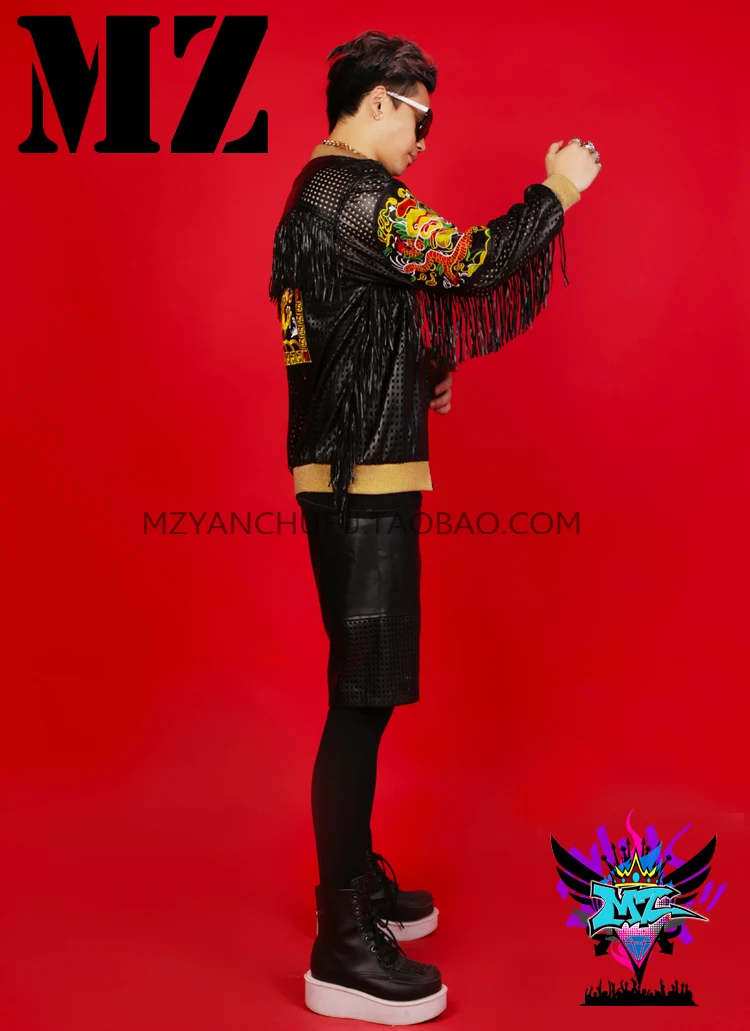 

Men New Costume summer Chinese style singer female DJ black leather net dragon embroidery tassel costume Set(jacket+shorts)