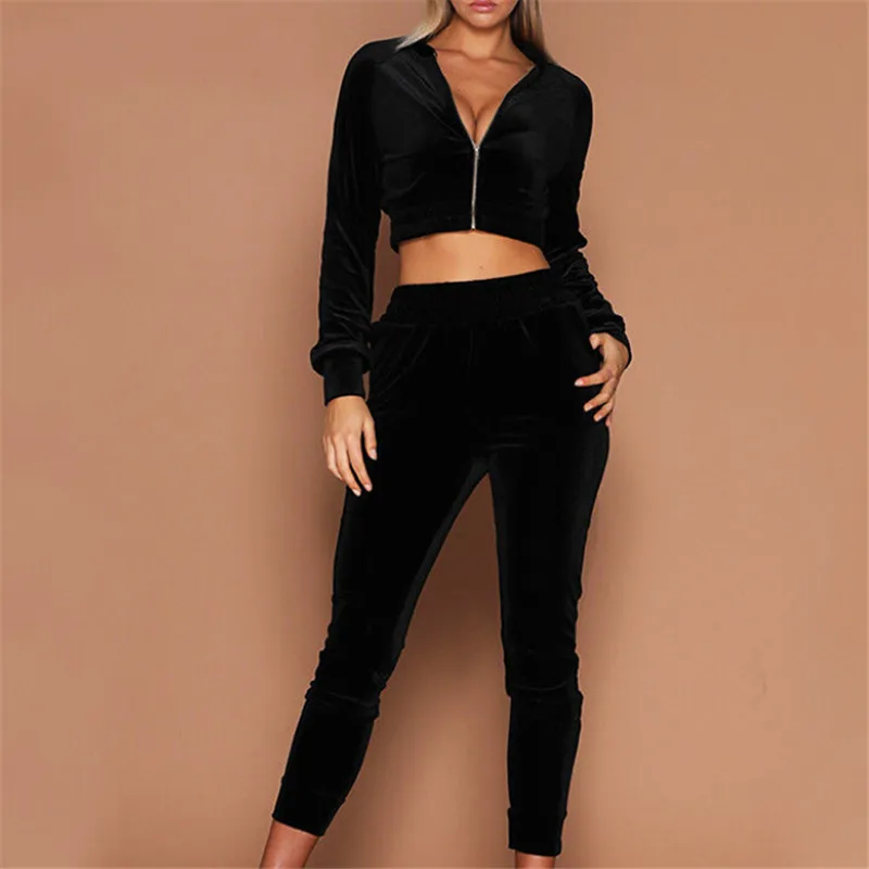 

2019 Fashion Women Sweatshirt Pants Set Autumn Winter Warm Velvet Tracksuit Velour Smooth Soft Suit Top Elastic High Waist Pants
