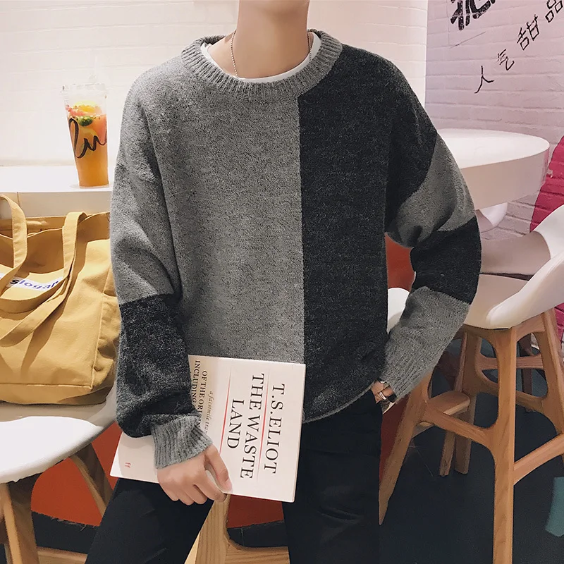 Winter Sweater Men's Warm Contrast Color Stitching Casual Knit Pullover Man Wild Loose Long-sleeved Male Clothes | Мужская одежда