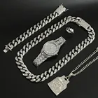 Роскошные мужские часы серебристого цвета, ожерелье и кольцо, Набор комбинированных часов в стиле хип-хоп с кристаллами Miami Ice Out, кубинское ювелирное изделие для мужчин