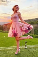2021 new homecoming dress for cocktail party mini skirt flower spaghetti strap pink sweetheart neck evening dress robe de soiree