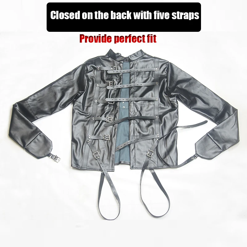 БДСМ кожаная прямая куртка с подлокотниками бондаж унисекс косплей доктора