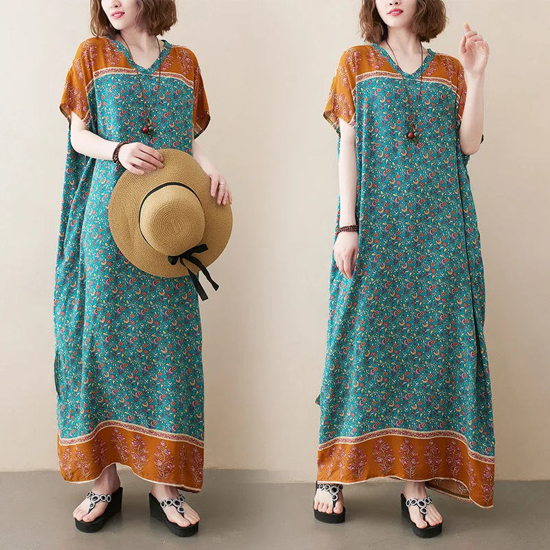 

Women Green Flower Summer Ethnic Large Size Loose Short-sleeved V-neck Casual Cotton Dress