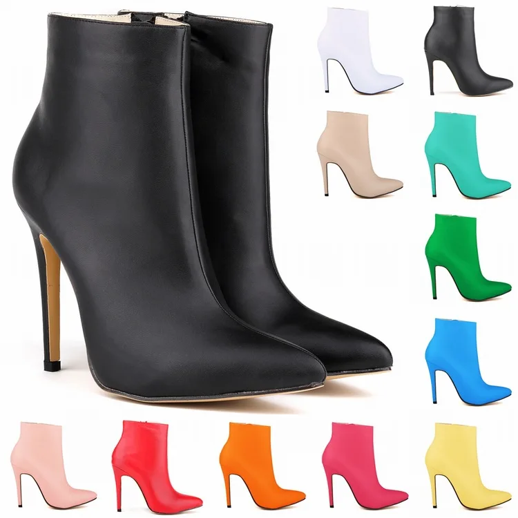 

OEING Womens Ankle Boots High Slim Heels Pointy Toe Side Zipper Casual Shoes Occident Stilettos Candy Colors Custom Made
