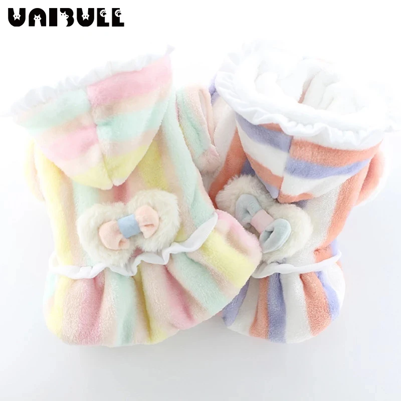 

Autumn And Winter Dog Jumpsuit Colorful Dress for Dogs Fleece Warm Teddy Poodle Clothes for Dogs Striped Bow Skirt Pet Costume