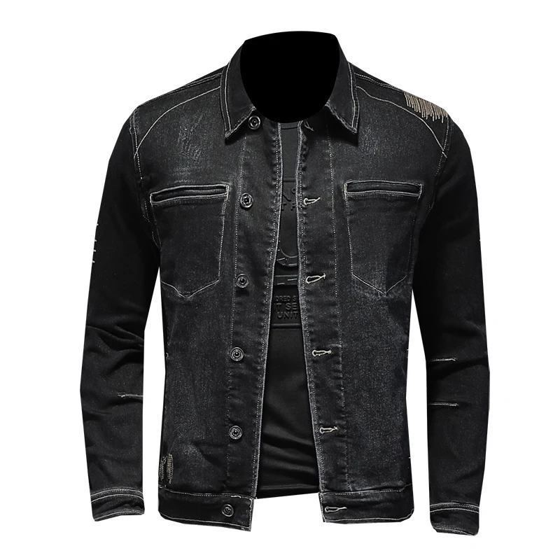 2021 Autumn Men Denim Jacket Jeans Coat Moto Lapel Single-Breasted Casual Embroidery Slim Bomber Elasticity Black Cowboy Outwear