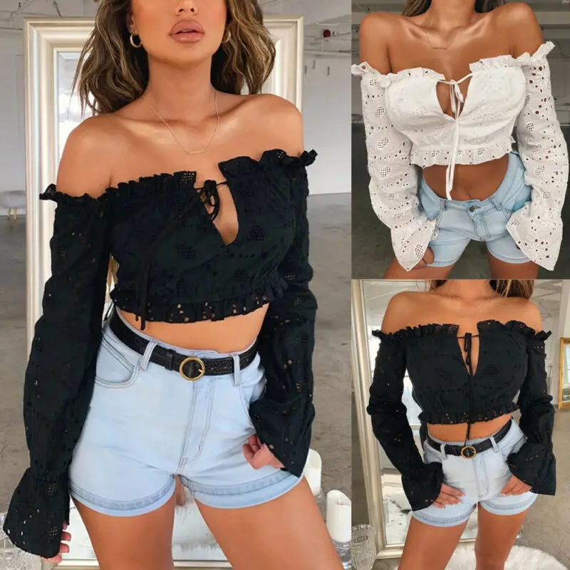 Женская футболка с открытыми плечами длинным рукавом и оборками|Футболки| |