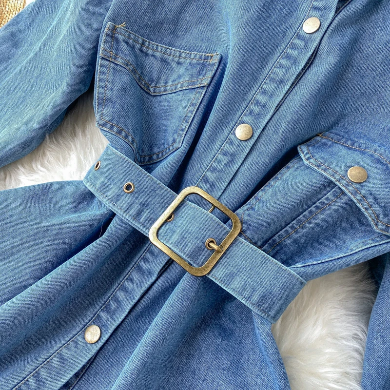 

Autumn Winter Women Denim Mini Dress Elegant Retro Blue/Black Single Breasted Lapel Denim Dress With Belt Sashes For Female New