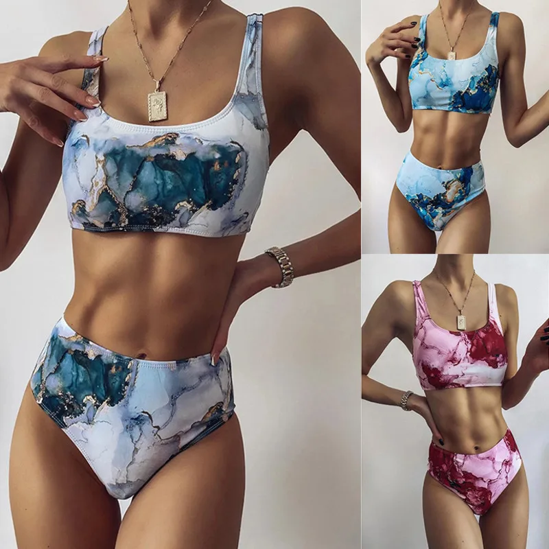 

Women Sexy Tie Dye Bikini Set Summer Swimsuit High Waist Quick Dry Beach Swimwear 2021