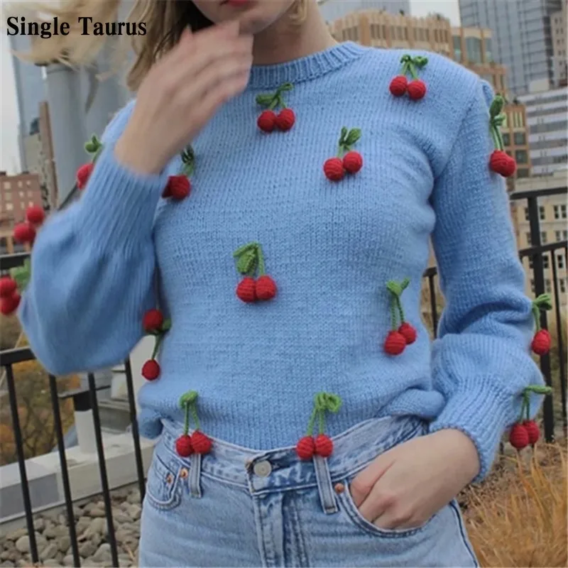 

Hand Knitted Cherry Embroidered Sweater Long Sleeve O Neck Mohair Casual Loose Pullover Fall Autumn Winter Knitted Ladies Jumper