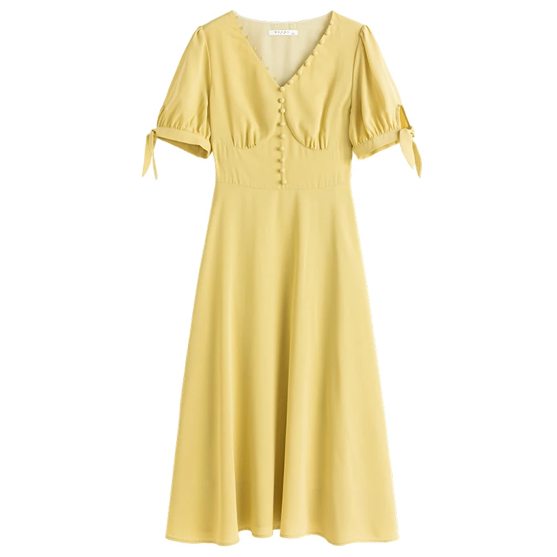 

DUSHU Plus Size Office Lady Yellow Dress Short Sleeve Summer 2021 New Loose Casual French Dress Yellow Bellflower Women Dress