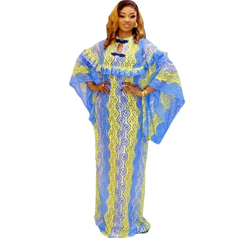 

Long African Lace Dress Women Ruched Splice Loose Boubou Robe Fashion Flare Sleeve Elegant Bazin African Traditional Party Dress