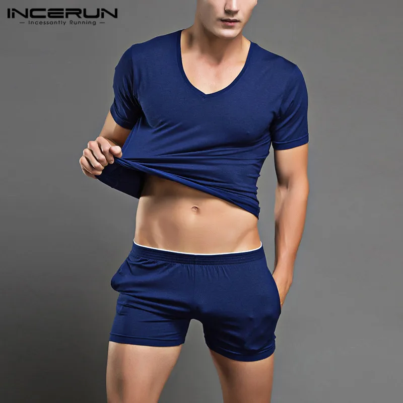 

Men Pajamas Sets Short Sleeve V Neck Sleepwear Shorts Homewear Leisure Comfortable Solid Men Nightwear Suits 2 Pieces INCERUN