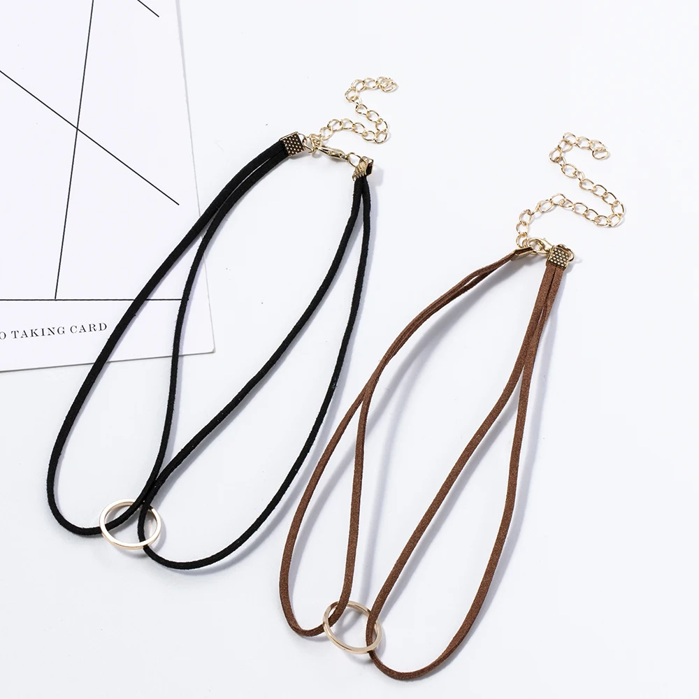 

Punk New Fashion Black White Brown Leather Choker Necklace Gold Color Geometry With Round Pendant For Women Girls