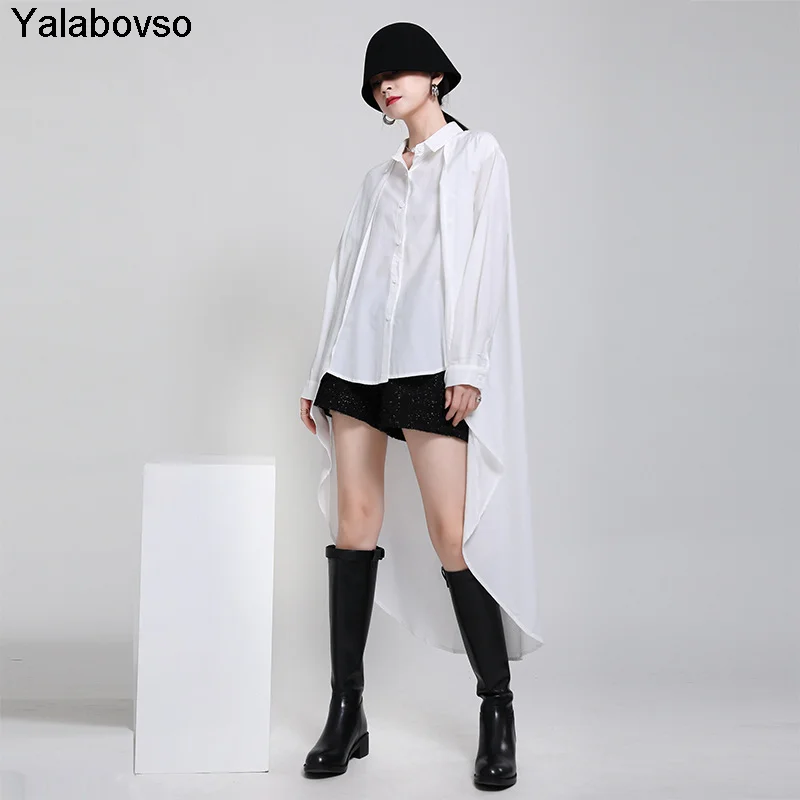 2021 Spring New Single Breasted Solid Color Irregular Cardigan Lapel Long Sleeve Streetwear Shirt Drape Blouse For Fashion Lady