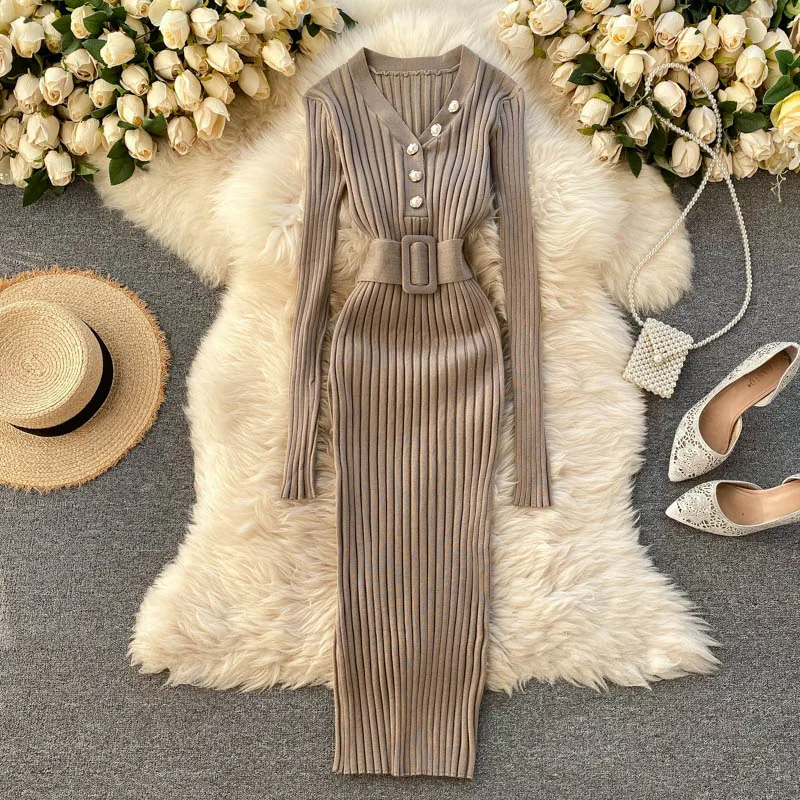 

Elegant Women's Knitted Dress 2021 Waist Belt Slimming Sexy V-Neck Long Sleeve Basic Vintage Dress Female