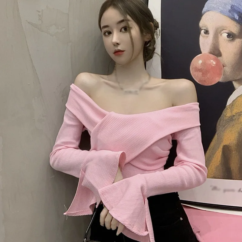 

Women's Clothes Solid Color Slash Neck Flare Sleeve Sexy Long-Sleeved T Shirt Tops