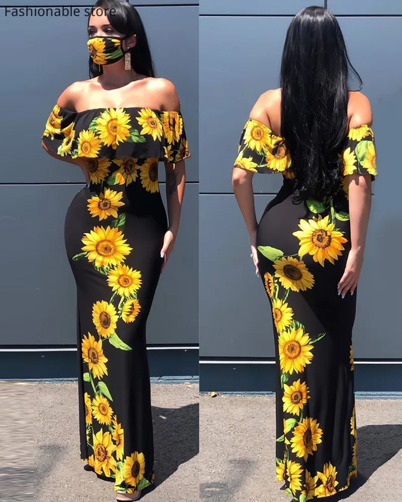 

Женское винтажное облегающее Платье макси с цветочным принтом, открытыми плечами и оборками