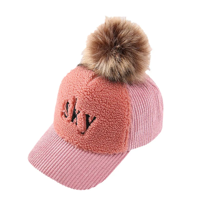 Children's Hat Winter New Thin Velvet Sky Curved Brim Girl's Letter Warm Big Wool Ball Color Blocking Baseball Cap | Спорт и