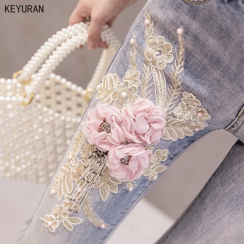 Женские джинсы с цветочной вышивкой Новые облегающие джинсовые брюки женские
