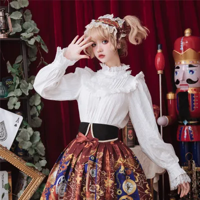 

Gothic Lolita Dress Lace Bowknot Plaid Height Collar Kawaii Blouse Cute Girl Long Sleeve Ruffled Collar Base Shirt