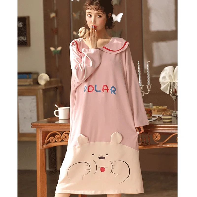Women Nightgowns Pink 2021 New Spring And Autumn Cotton Nightdress Lovely Princess Long-Sleeve Sleepwear Female Nighty Q01