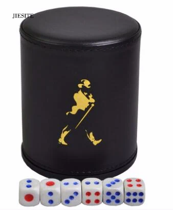 

1pcs Dice Cups Hot Black Leather+Plastic and 6pcs dices Polyhedral Dice Poker Drinking Board Game Gambling Dice Box without lid