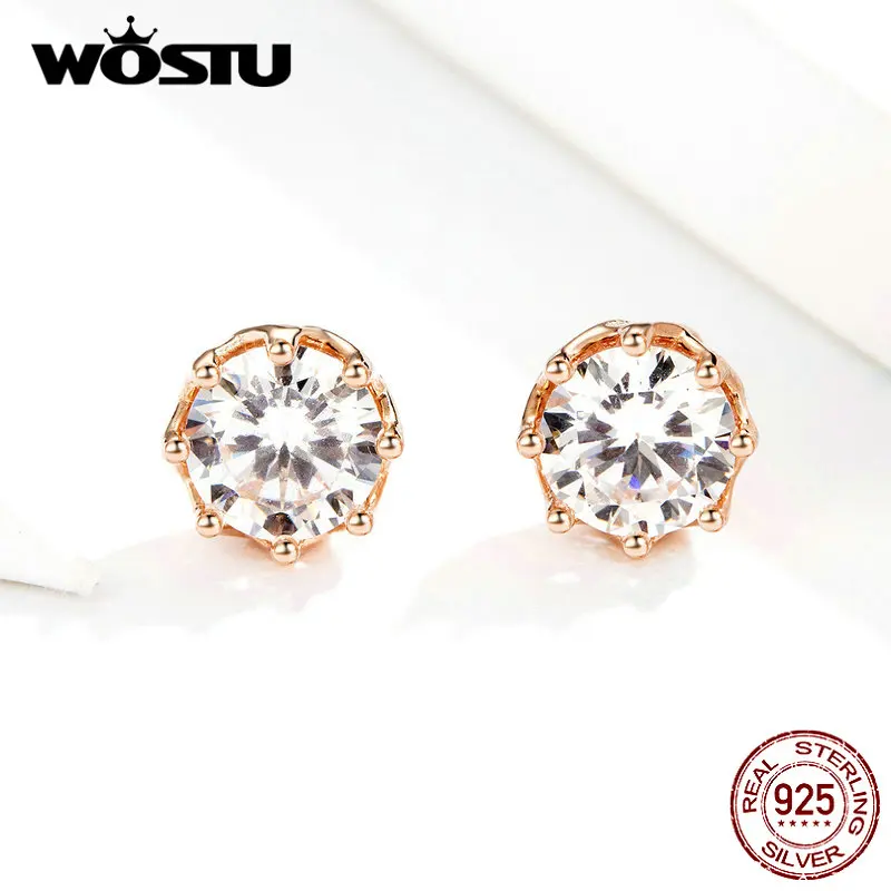 WOSTU, 3 цвета, 925 пробы, Серебряный сверкающий светильник, серьги-гвоздики, розовое золото, маленькие серьги для женщин, свадебные ювелирные изделия, FIE499