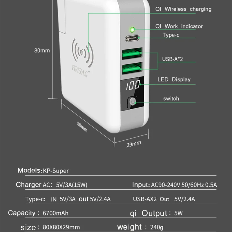 Зарядное устройство FERISING 6700 мАч/5200 мА/ч Беспроводной Мини светодиодный Дисплей