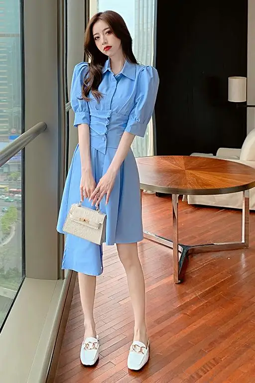 

New 2021 Korean Summer Women Solid Color Lapel Puff Sleeve Casual Loose Chic Elegant Irregular Dress With Girdle
