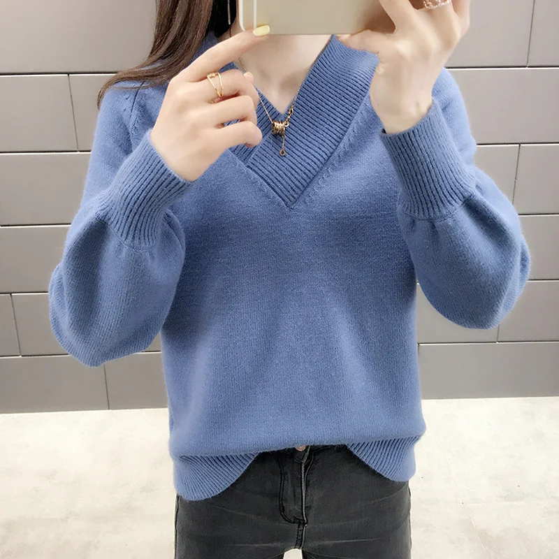 

2020 autumn and winter new Casual V-Neck Pullovers Sweaters Women fashion Knitted Loose Long sleeve sweater Female