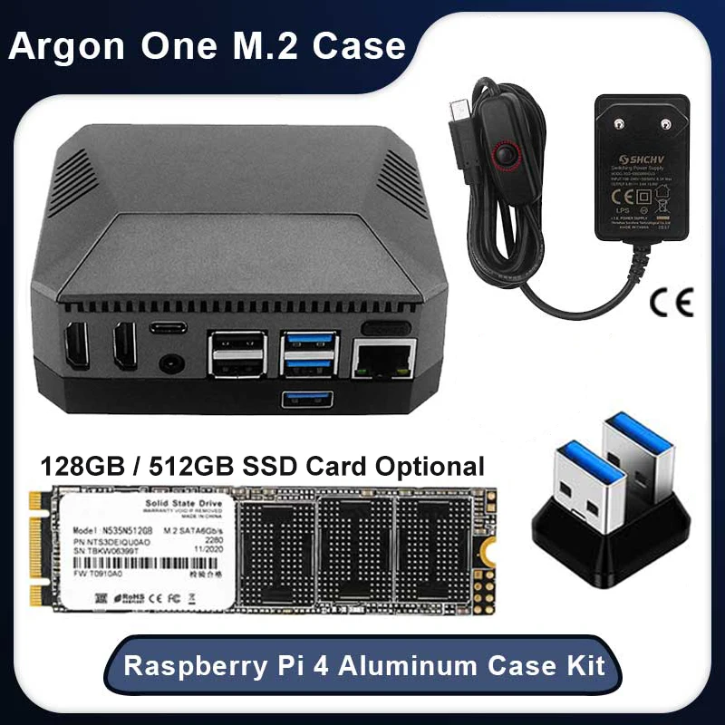 Raspberry Pi 4B Argon One M.2 Aluminum Case with M.2 SATA SSD Expansion Slot GPIO Cover Cooling Fan for Raspberry Pi 4 Model B
