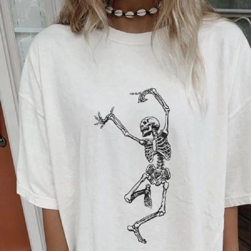 

Skull T Shirt Summer Plus Size Loose O Neck Vintage Harajuku Casual Elegant Shirts for Women Short Sleeve New Fashion Tops 2021
