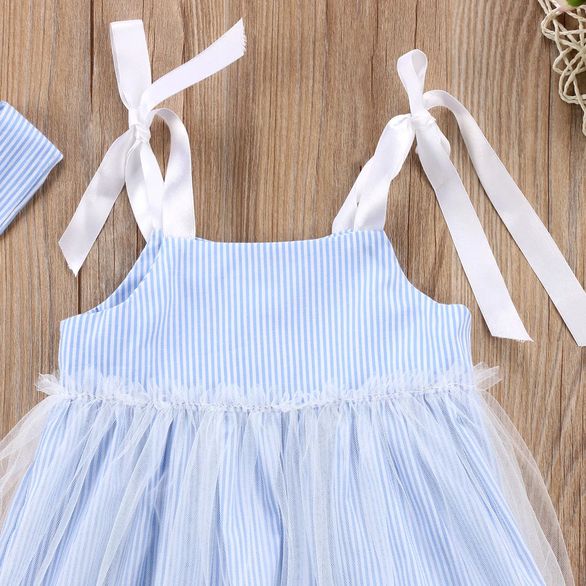 New Blue Formal Belt Toddler Kids Baby Girl Stripes Lace Tulle Dress Sundress Outfits Clothes Summer | Детская одежда и обувь
