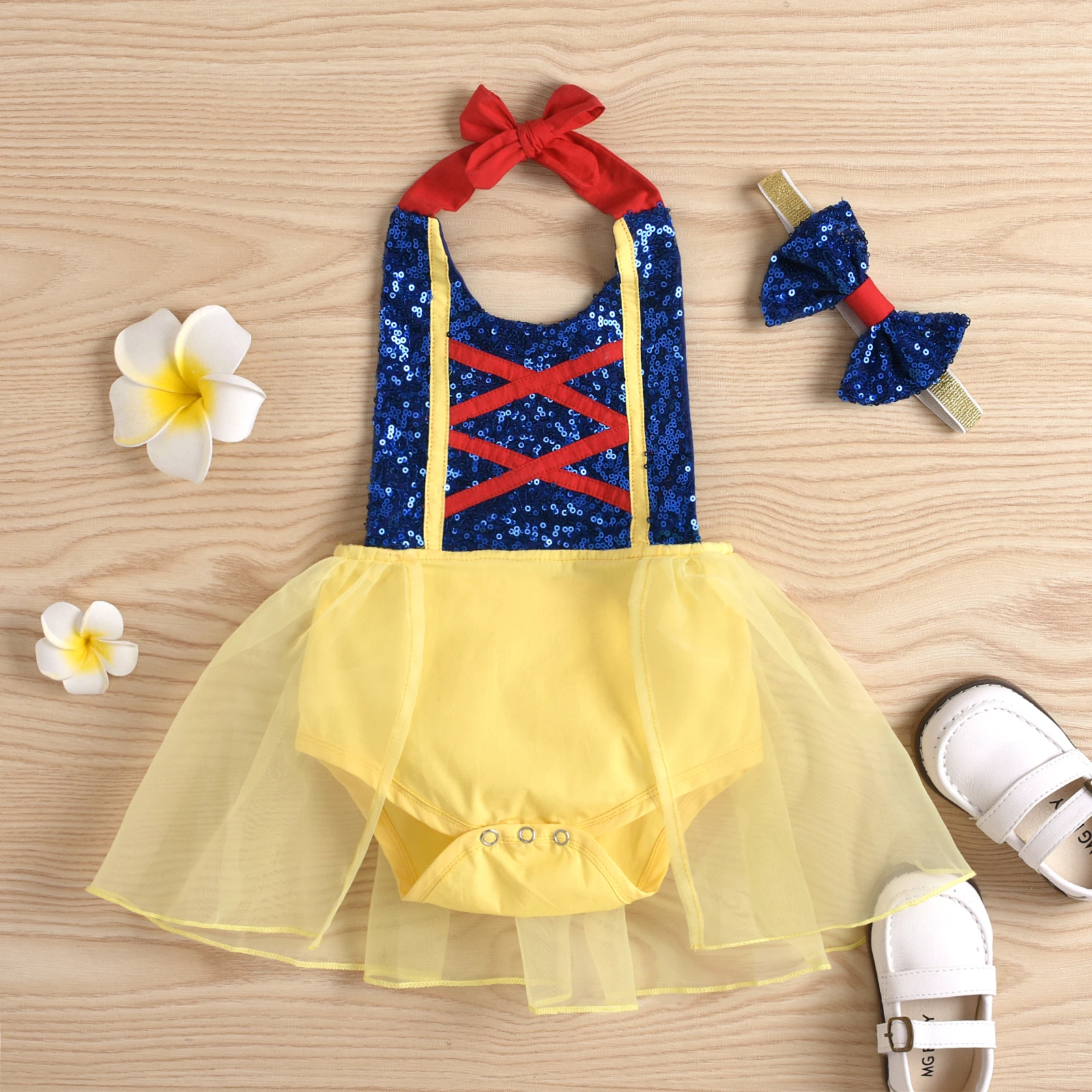 

The New Baby Girls Clothes Set with Sequins, Sleeveless Backless Lace-up Romper Dress + Bow-knot Headband