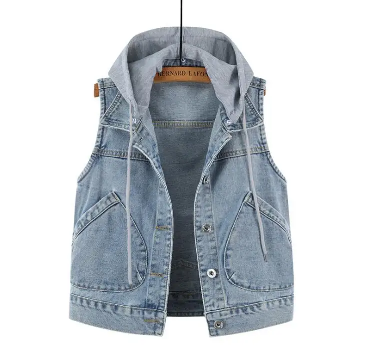 2020 new female denim vest jacket big yards short paragraph hooded pocket sleeveless | Женская одежда