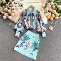 2021 spring two piece set womens suit turn down colla long sleeve blouse tops and high waist shirts vintage printed sets