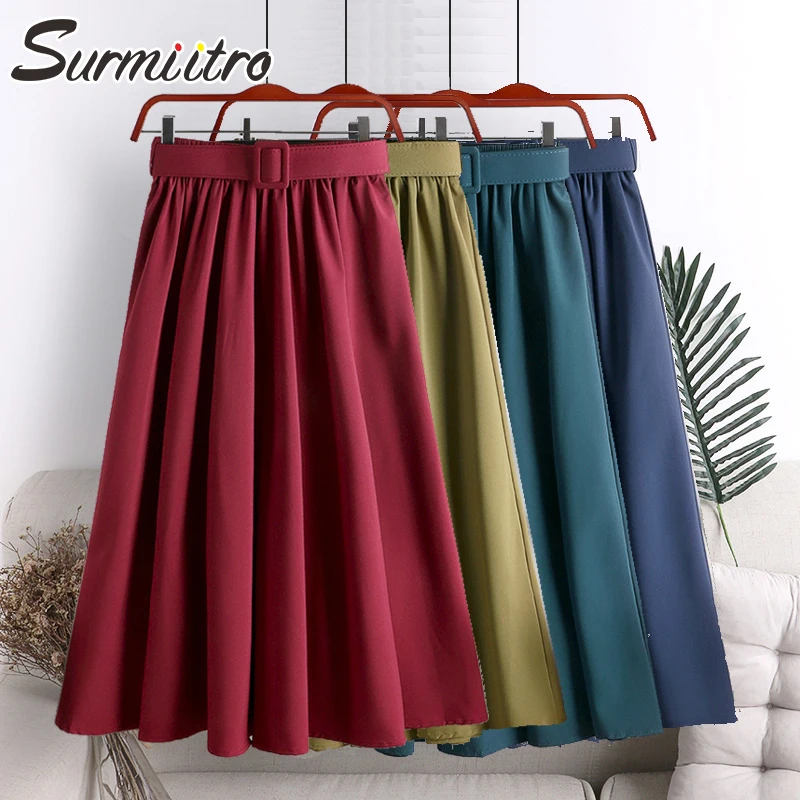 

Surmiitro Midi Skirt Women With Belt For 2021 Spring Summer Ladies Korean Red Green Black Blue High Waist Long Skirt Female