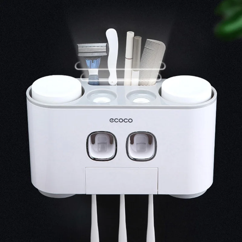 

Punch-free Toothbrush Holder With Cups Automatic Toothpaste Dispenser Dust-proof Toothbrush Storage Holder Bathroom Accessories