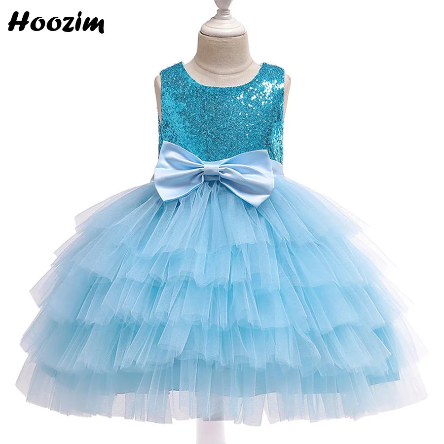 Formal Tulle Mesh Sleeveless Sequin Soiree Ball Gown Dress Girls 2-9 Age Peacock Blue Bow Layered Shine Gala Party Dresses Kids