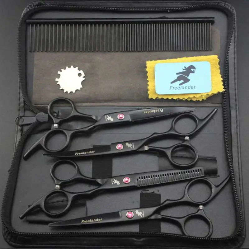 6 inch color purple 4 suit pet scissors hair thinning pet grooming scissors - Цвет: Black-4Set