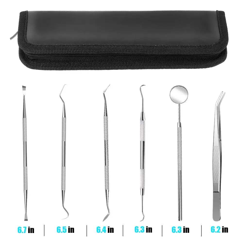 

6pc/set Dental Tool Set Stainless Steel Mirror Sickle Tweezer Hoe Dentist Instrument With Box Bag Oral Hygiene Tooth Care Kit