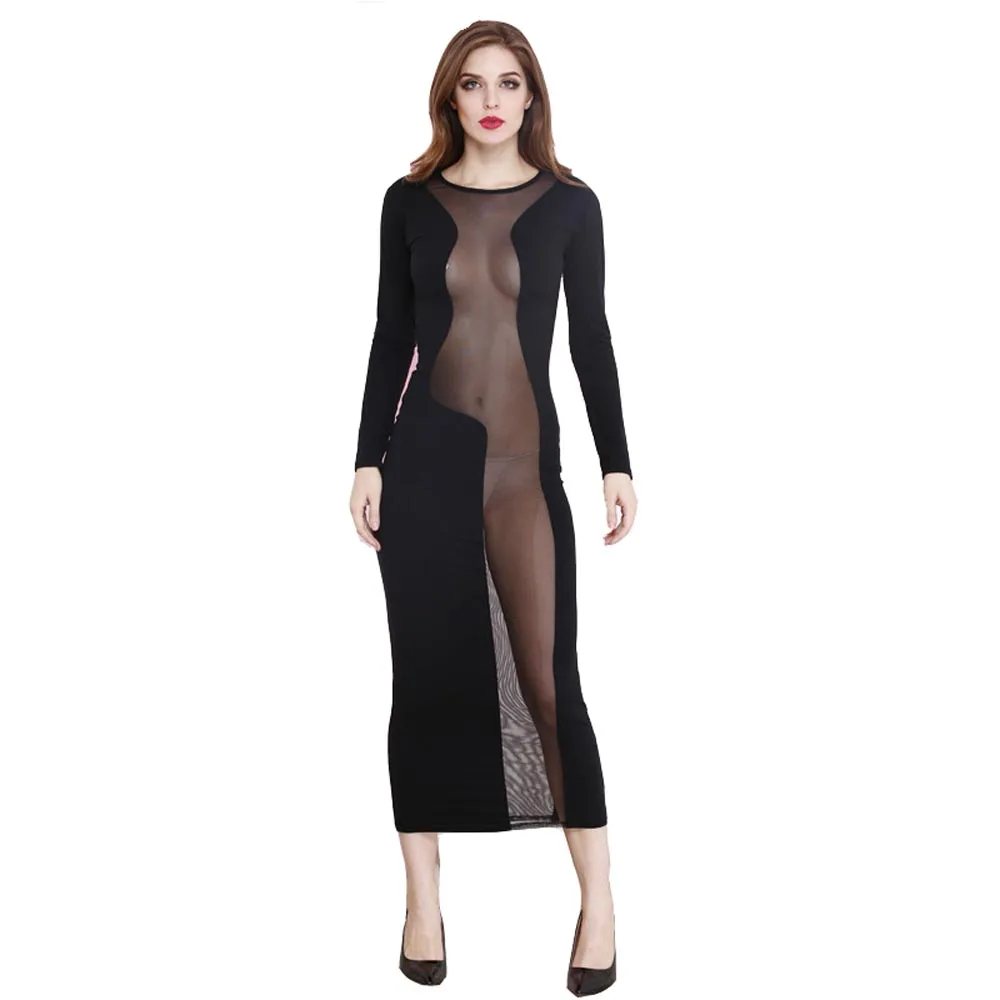 

Lady Sexy Black Ankle Length See Through Dress Long Sleeve Night Club Erotic Bodycon Sleepdress