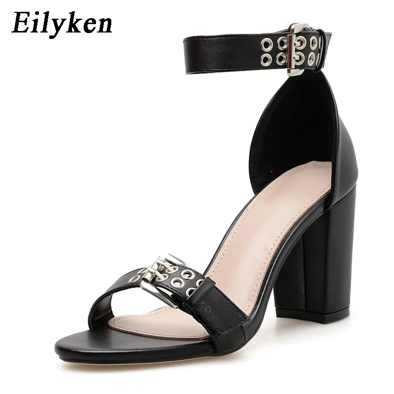 EilyKen/Новинка года; модные босоножки; женские босоножки с ремешком на щиколотке и пряжкой; Босоножки с открытым носком на высоком квадратном каблуке; модельные туфли-лодочки; Цвет Черный