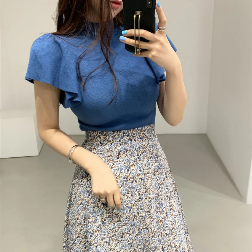 Chic Style 2 Piece Skirt Set Women Puff Sleeve Knitted Tops Floral Print High Waist Skirts Womens Two Korean Fashion | Женская одежда