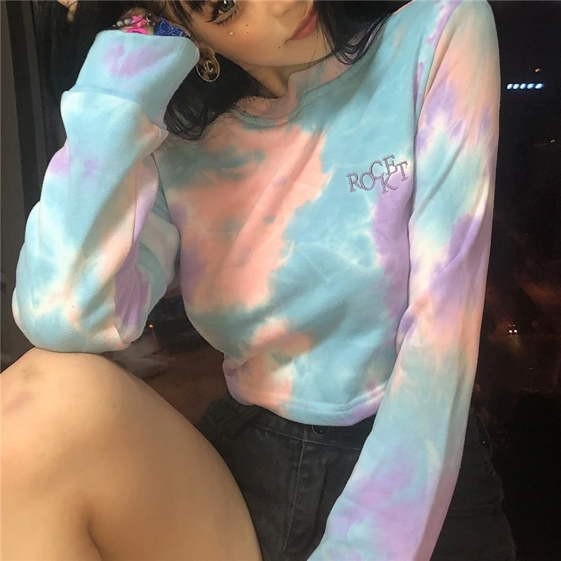 

Womens Tie Dye Hoodies Fashion Y2K Autumn Spring Loose O-neck Sweatshirts Streetwear Crop Tops Hip Hop Thin Pullovers