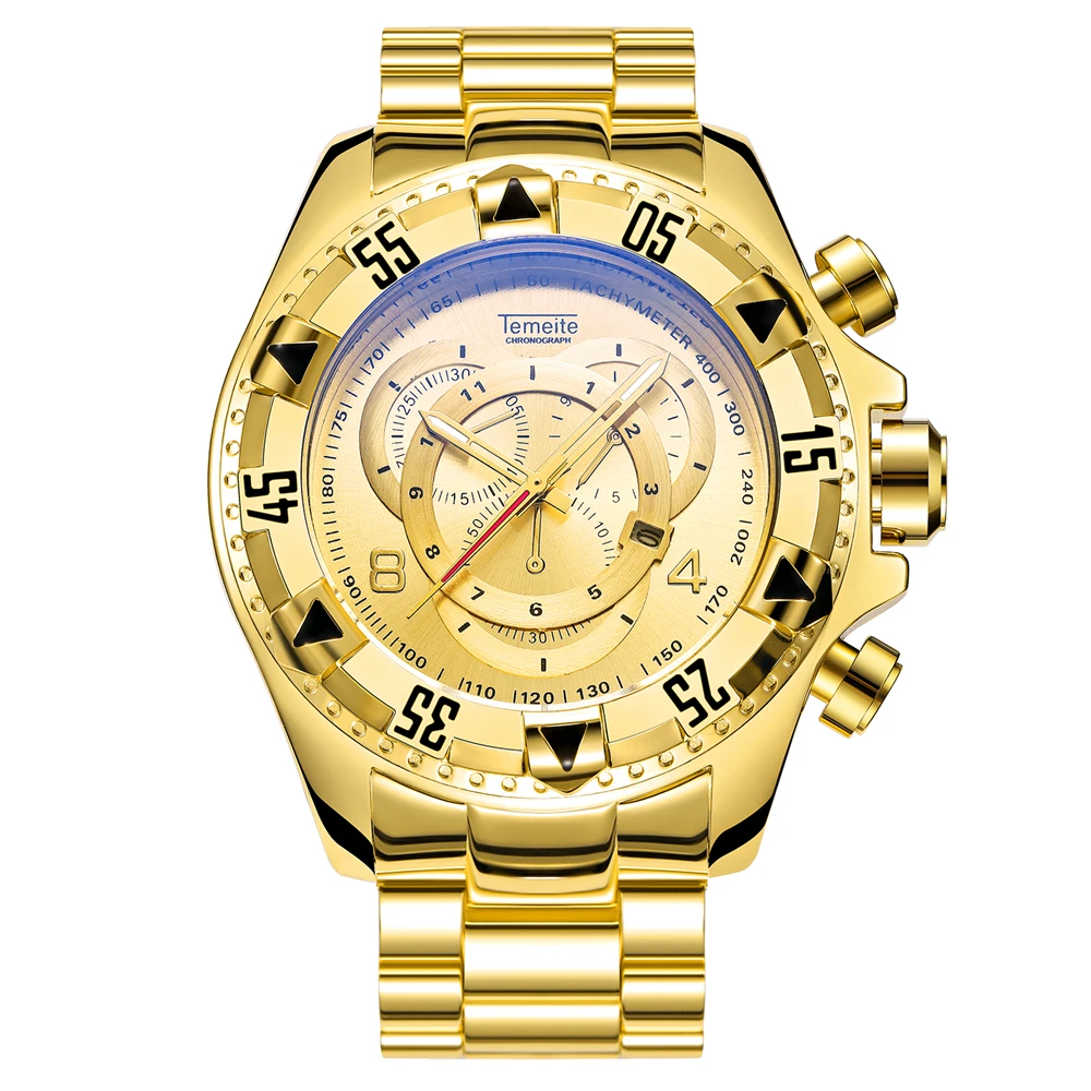 GOLD GOLD TEMEITE модные негабаритные кварцевые часы мужские военные мужские s часы лучший бренд класса люкс стальной ремешок дисплей с датой аналоговый синий наручные часы - Цвет: GOLD GOLD
