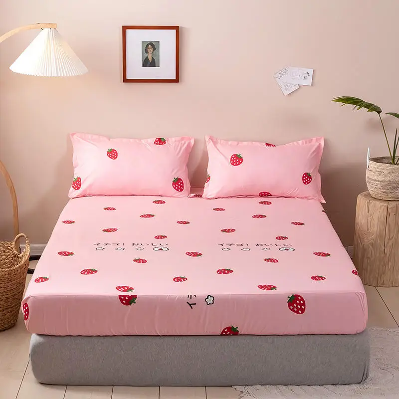 

Bonenjoy 3 pcs Fitted Sheet Set Single Double Queen King Size Strawberry Pattern Mattress Cover With Elastic With Pillowcase